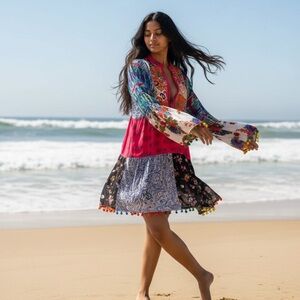 ANANDAS Collection Festive Patchwork  Tunic Multicolor Tassel dress M